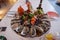 seafood plate, various fish, oysters, lobster, shell, shrimp and clam.