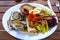 Seafood platter, grilled shrimp and mussels