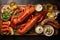 Seafood platter with a set of steamed whole lobsters, lobster tails, shrimps with lemon, sauces and white wine on wooden board.