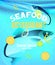 Seafood restaurant banner with fishes in a water and lemon slices.