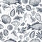 Seafood restaurant seamless pattern. Fish, seashell, leaf, shrimp. Engraved vintage sea set. Vector illustration