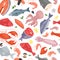 Seafood restaurant seamless pattern vector illustration. Fish salmon steak with lemon, shrimp, squid, octopus, lobster