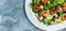 Seafood salad with avocado, blue cheese and smoked shrimps. Homemade vegetarian shrimp salad. banner, menu recipe place for text,