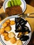 Seafood sampler - mussels, scallops, shrimp: toast with avocado slices