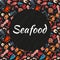Seafood seamless background pattern, banner sea product foodstuff icon stuff flat vector illustration, advertisement