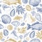 Seafood seamless pattern. Fish, seashell, leaf, shrimp. Engraved vintage sea set. Vector illustration