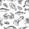 Seafood seamless pattern. Hand drawn lobster, crab, oyster and mussel, squid, shrimps and fishes sketch marine life