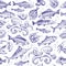 Seafood seamless pattern. Sketch fish hand drawn sea ocean marine tuna dorado sturgeon salmon menu natural texture