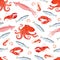 Seafood seamless pattern. Squid, octopus, sardines, lobster, crab, shrimp.
