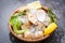 Seafood shellfish with ice frozen on basket - Fresh shell clam with herb ingredients for salad , enamel venus shell , saltwater