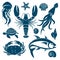 Seafood silhouette and sea  elements set. Lobster prawn, crab,turtle, tuna fish, shellfish and squid.