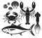 Seafood silhouette set. Lobster prawn, crab, tuna fish, shellfish and squid. Vector Illustrations.