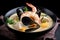 seafood soup with mussels, scallops and shrimp in creamy broth