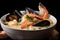 seafood soup with mussels, scallops and shrimp in creamy broth