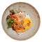 Seafood starter with orange slices and pumpkin mash isolated on