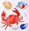 Seafood watercolor crab, clams, mussels, oysters