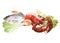 Seafood watercolor illustration, banner isolated on white background.