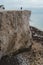 Seaford, East Sussex. People walking the paths on the top of the Chalk Cliffs. Seven Sisters, South of England