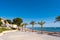 Seafront, beach, coast in Spain in L`Hospitalet de l`Infant, Tarragona, Catalunya, Spain. Copy space for text.