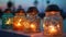 Seafront Serenity: Closeup Macro of Candles in Ornate Glass Jars at Evening Sunset