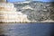 Seafront view of the rugged rock faces of the Calanques coast, Marseille, France