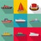 Seagoing vessel icons set, flat style