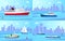 Seagoing Vessels near Coastline Illustrations Set