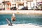 Seagull on the background of the royal canal in Sete, Languedoc Roussillon, France. Copy space for text.