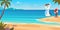 Seagull on beach. Bird sailor on seaside standing flying near sand coast ocean landscape blue water and sky exact vector