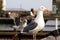 Seagull bird standing over the blue seashore.