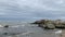 a seagull in a cloudy sky over the sea waves