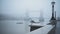 Seagull in empty, deserted Central London at Tower Bridge on a cool blue misty morning on day one of