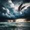 Seagull flies across dramatic dark storm clouds