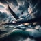 Seagull flies across dramatic dark storm clouds