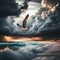 Seagull flies across dramatic dark storm clouds