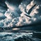 Seagull flies across dramatic dark storm clouds