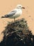 A seagull perched atop a pile of seaweed and plastic rummaging through the mess.. AI generation