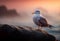 Seagull perched on the rock. Sea haze during sunrise. Realistic ilustration. Generative ai