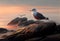 Seagull perched on the rock. Sea haze during sunrise. Realistic ilustration. Generative ai