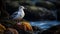 Seagull perching on rock, overlooking tranquil seascape generated by AI