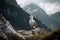 Seagull perching on a rocky outcrop surrounded by majestic mountains. Generative AI