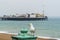 A seagull on the railings above the beach at Brighton with the Palace Pier in the distance