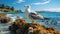 Seagull on a rock in front of the sea and mountains