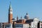 Seagull and San Giorgio di Maggiore church in the background, in Venice, Italy