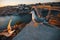 Seagull sits, background of Douro river and Dom Luis I Bridge, Porto