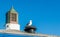 Seagull sitting on a roof vent next to a cupola