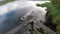 Seagull standing on rail flying away over pond water slow motion