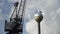 Seagull standing on the street lamp in front of black construction crane. Action. Beautiful white bird on a streetlight