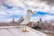 Seagull standing on the walls of Vittoriano building against the ancient Roman Forum