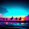 Seagulls on the beach at sunset. Blurred background AI generated